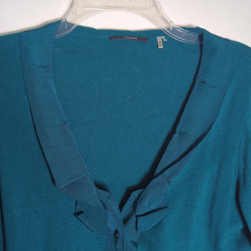 Tahari Womens Cardigan Sweater Teal Green Quiet Luxury Jewel Tone‎ Ribbon Medium